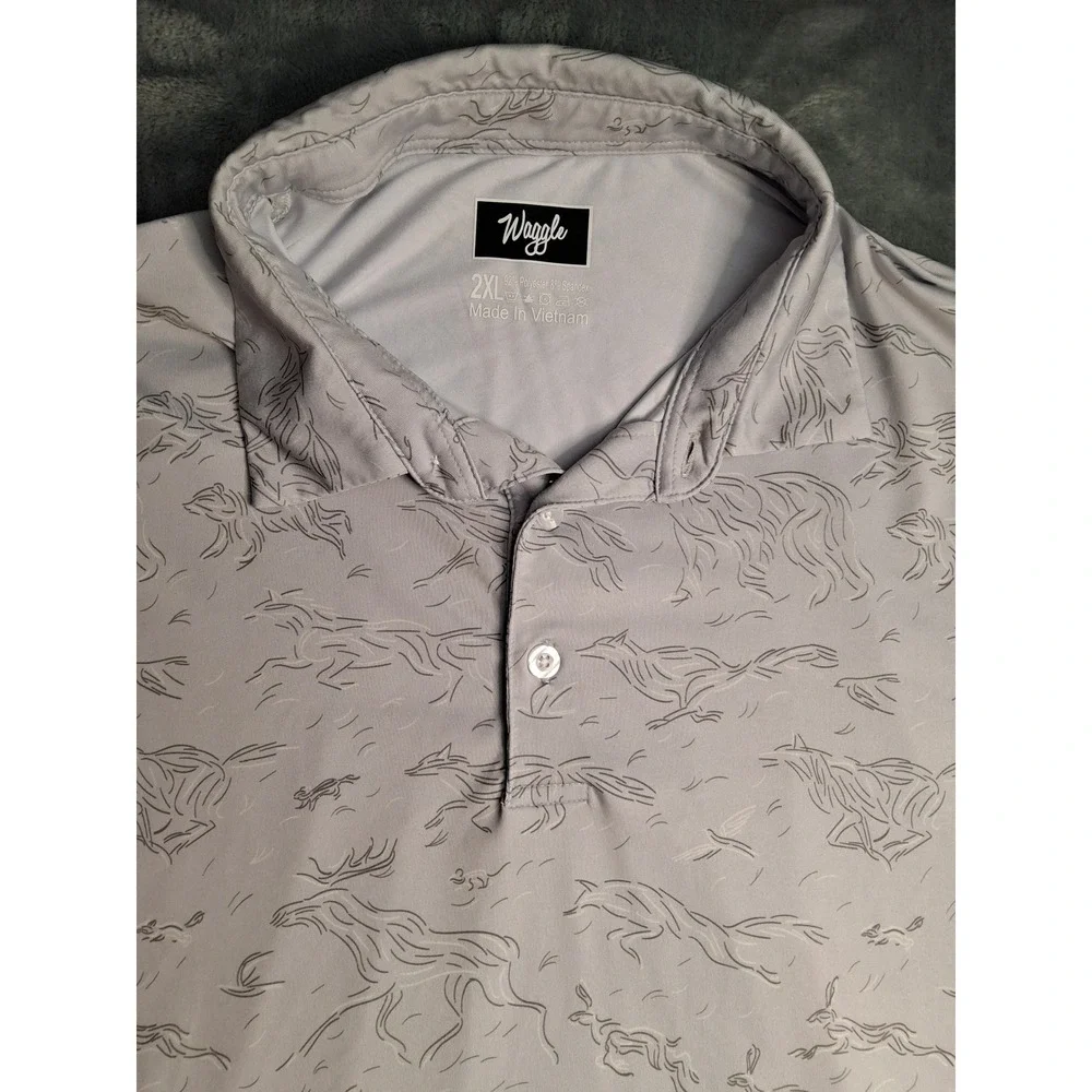 Waggle Golf Polo Mens 2XL Grey Wildlife Print Performance Stretch Short Sleeve - Picture 5 of 12